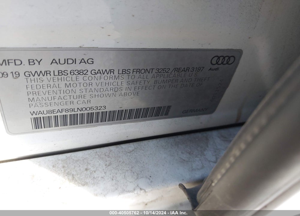 2020 AUDI A8 L 60 TFSI QUATTRO TIPTRONIC VIN: WAU8EAF89LN005323