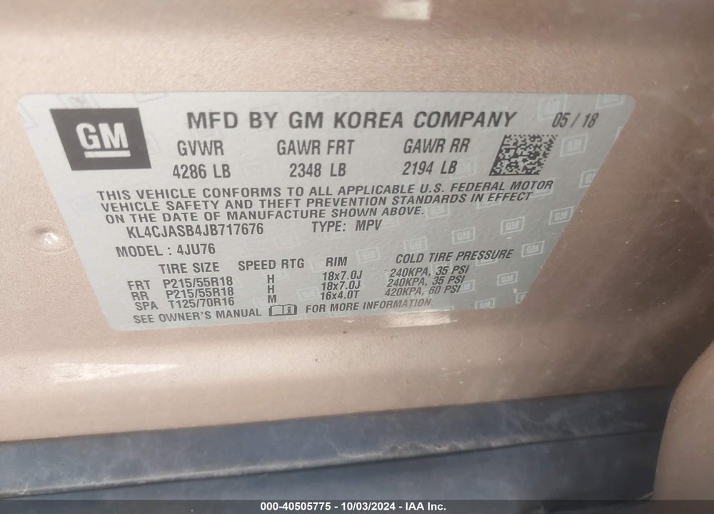 2018 BUICK ENCORE PREFERRED VIN: KL4CJASB4JB717676