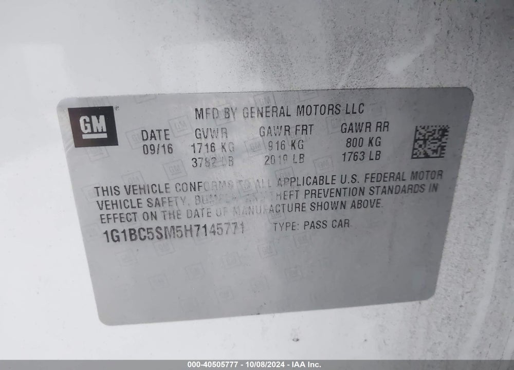 2017 CHEVROLET CRUZE LS AUTO VIN: 1G1BC5SM5H7145771