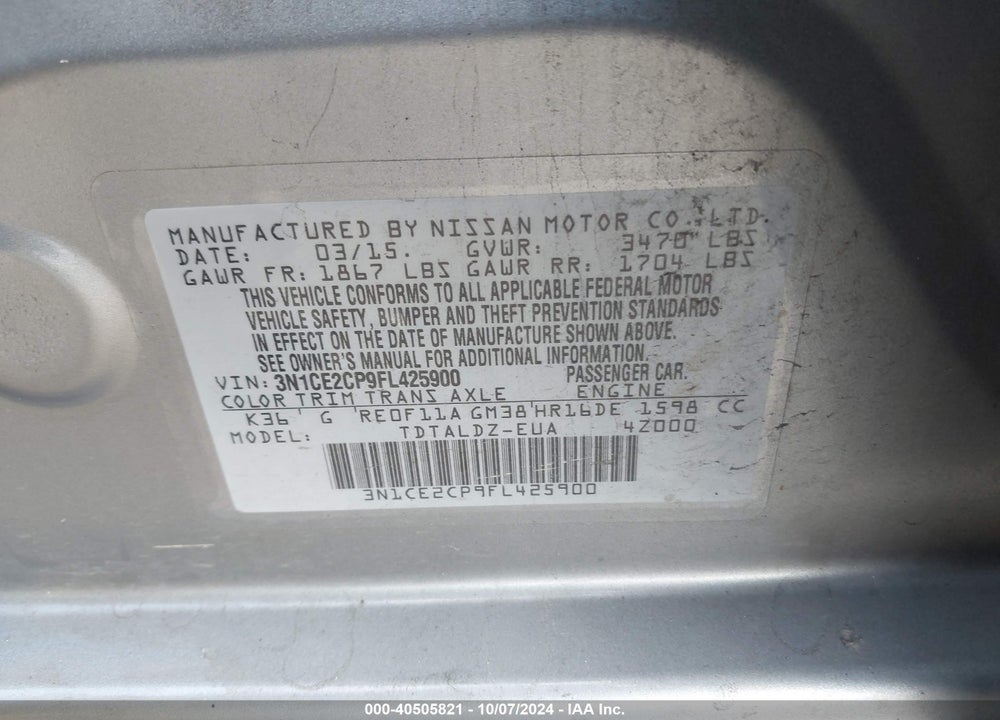 2015 NISSAN VERSA NOTE VIN: 3N1CE2CP9FL425900