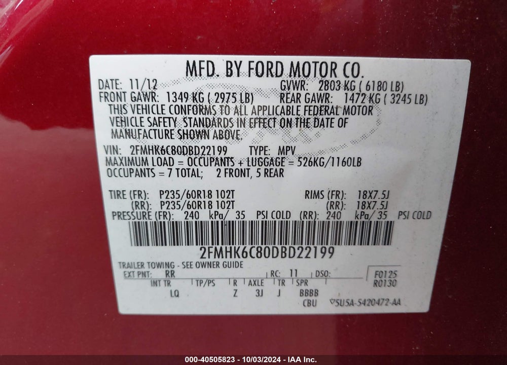 2013 FORD FLEX SEL VIN: 2FMHK6C80DBD22199
