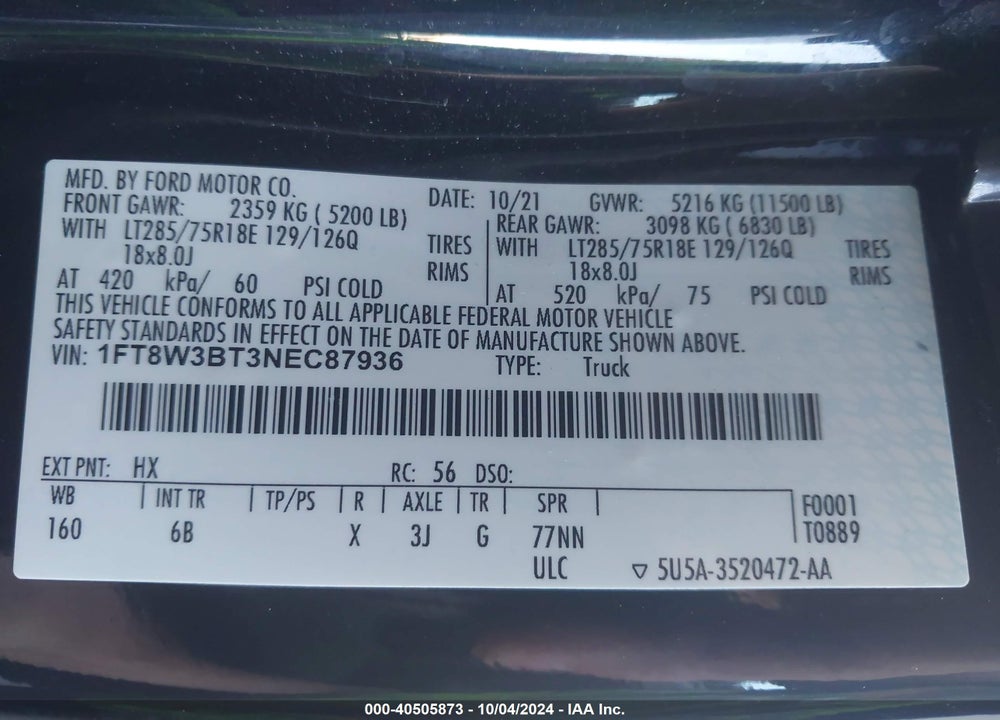 2022 FORD F-350 LARIAT VIN: 1FT8W3BT3NEC87936
