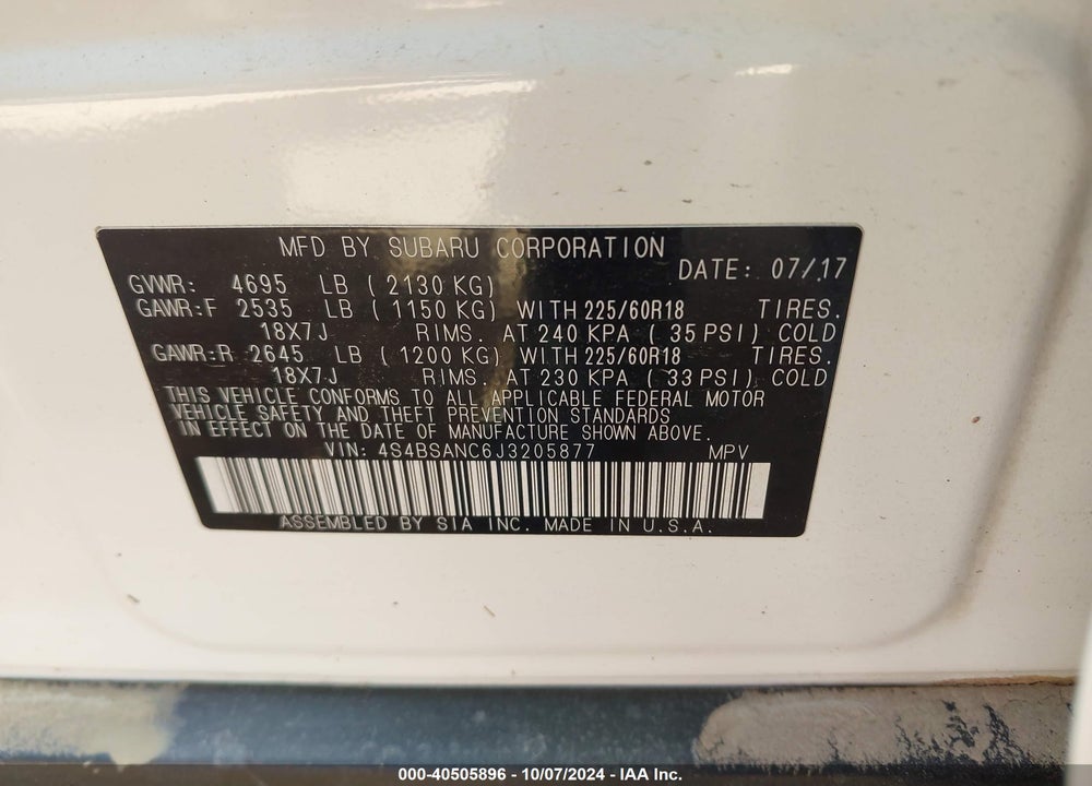 2018 SUBARU OUTBACK 2.5I LIMITED VIN: 4S4BSANC6J3205877