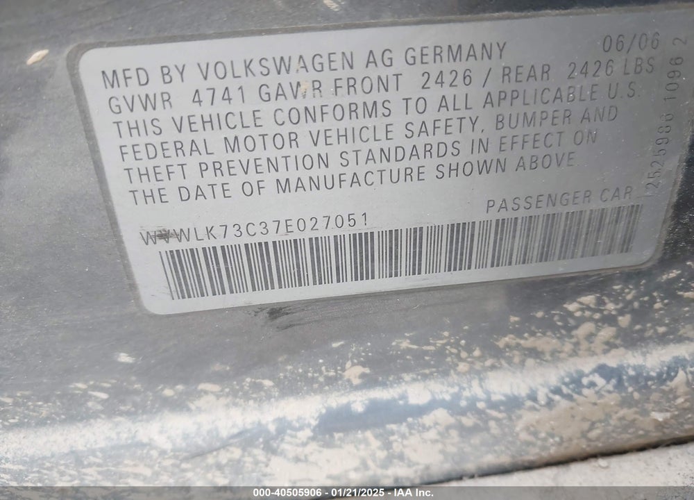 2007 VOLKSWAGEN PASSAT 2.0T VIN: WVWLK73C37E027051