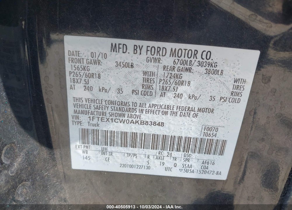 2010 FORD F-150 STX/XL VIN: 1FTEX1CW0AKB83848