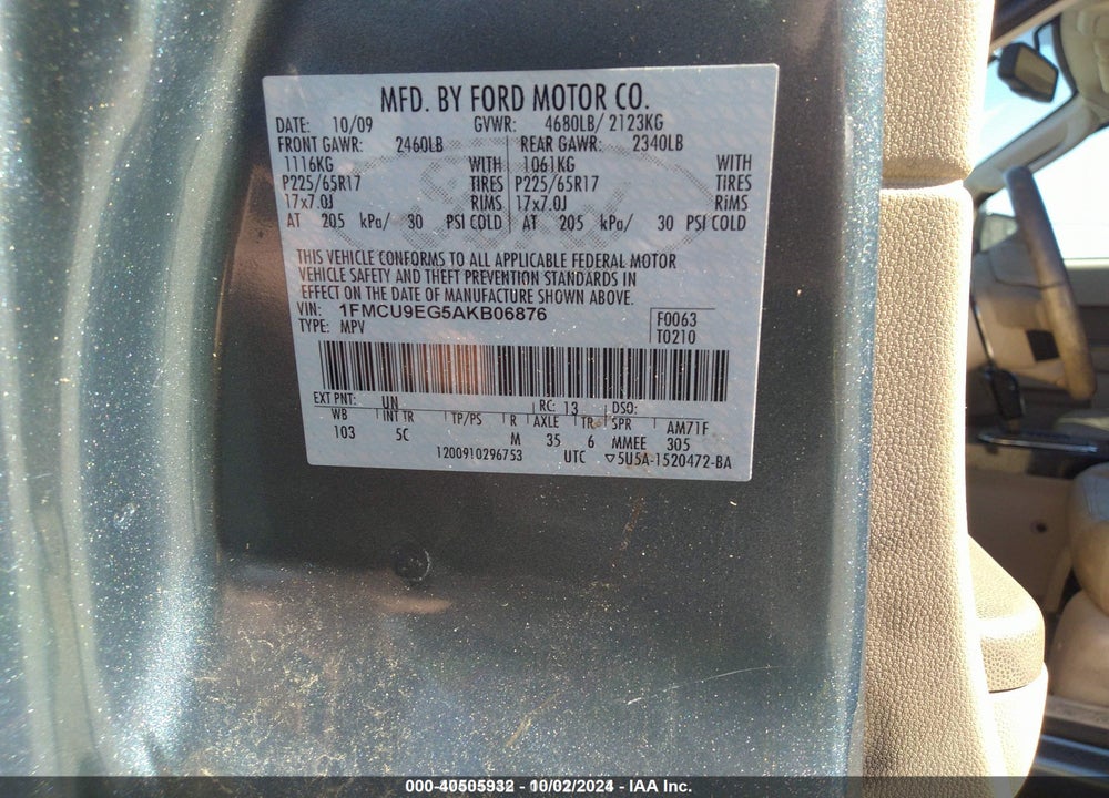2010 FORD ESCAPE LIMITED VIN: 1FMCU9EG5AKB06876