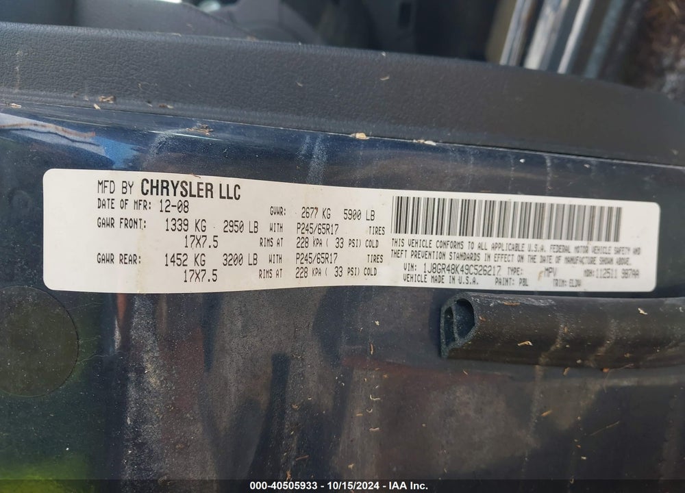 2009 JEEP GRAND CHEROKEE LAREDO VIN: 1J8GR48K49C526217