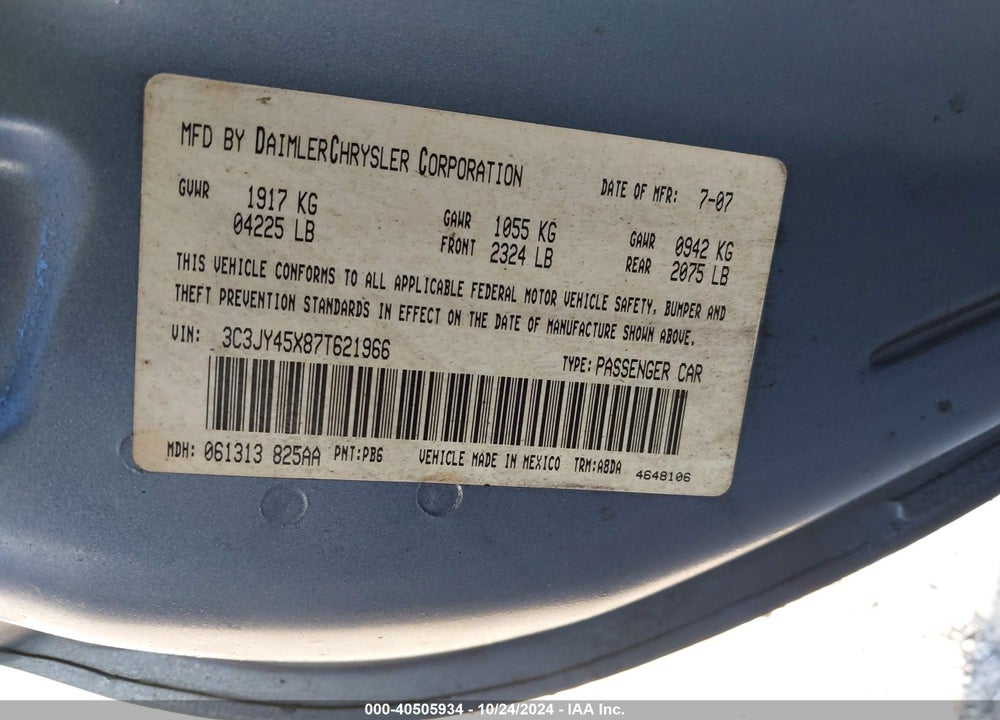 2007 CHRYSLER PT CRUISER VIN: 3C3JY45X87T621966
