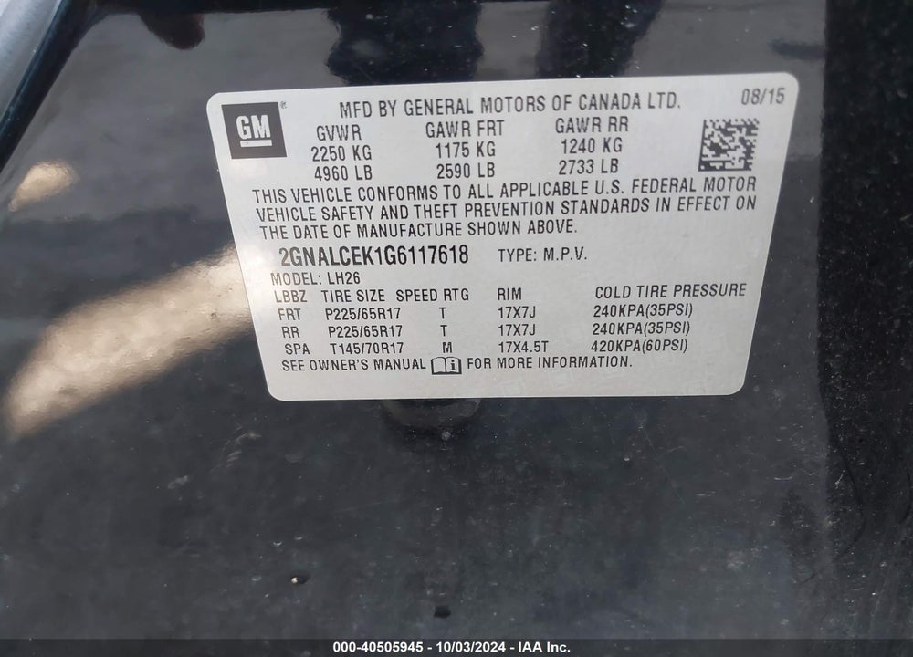 2016 CHEVROLET EQUINOX LT VIN: 2GNALCEK1G6117618