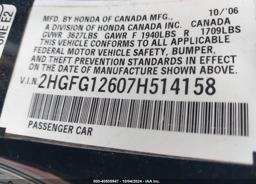 2007 HONDA CIVIC LX VIN: 2HGFG12607H514158