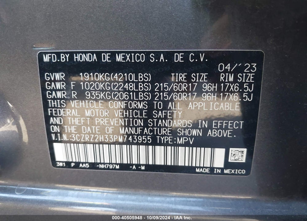 2023 HONDA HR-V AWD LX VIN: 3CZRZ2H33PM743955