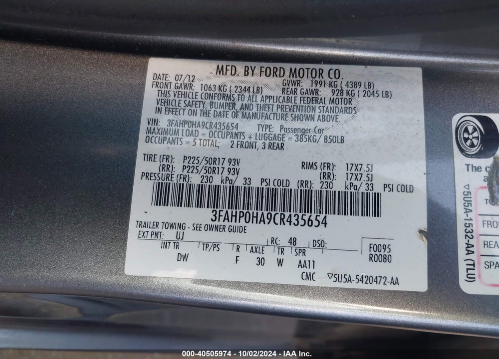 2012 FORD FUSION SE VIN: 3FAHP0HA9CR435654