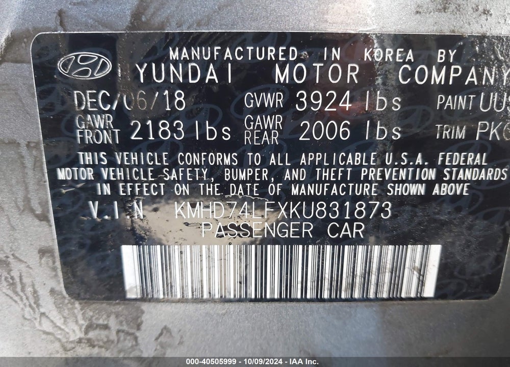 2019 HYUNDAI ELANTRA SE VIN: KMHD74LFXKU831873