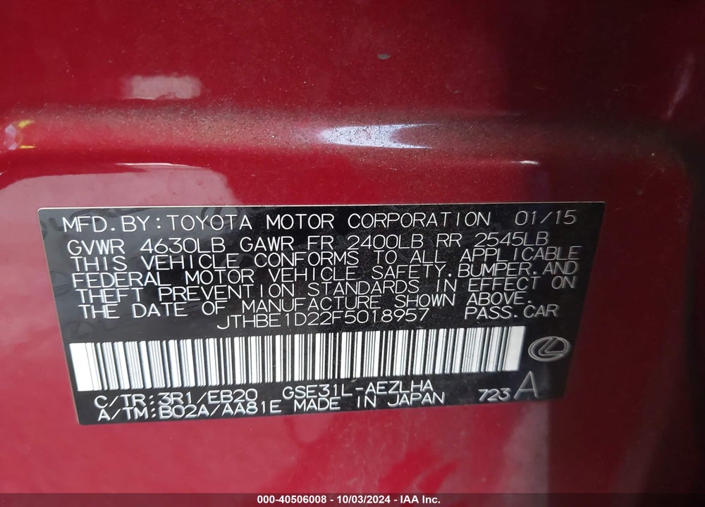 2015 LEXUS IS 350 VIN: JTHBE1D22F5018957