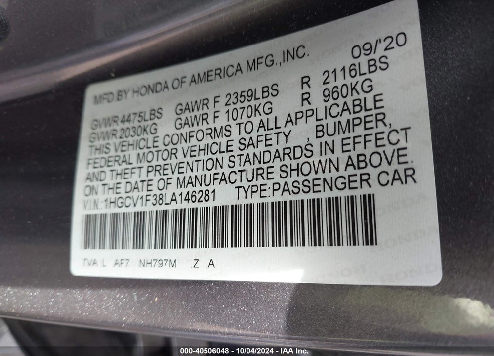 2020 HONDA ACCORD SPORT VIN: 1HGCV1F38LA146281