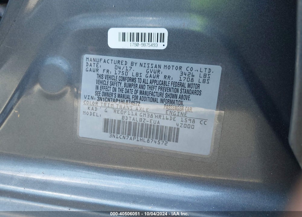 2017 NISSAN VERSA 1.6 SV VIN: 3N1CN7AP1HL874572