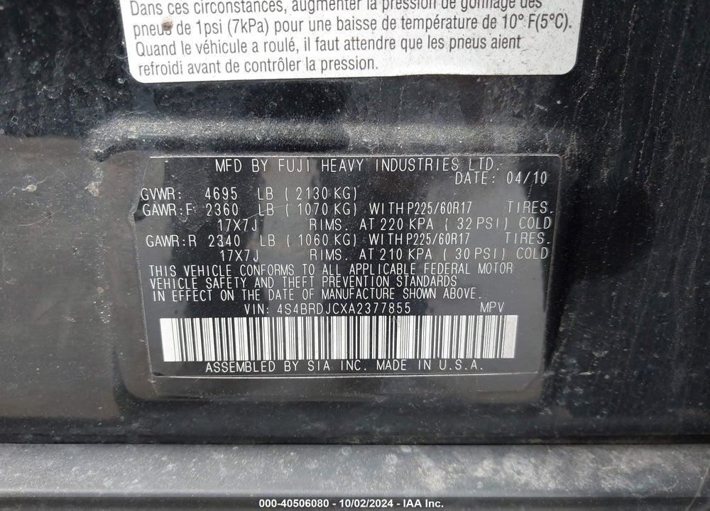 2010 SUBARU OUTBACK 3.6R LIMITED VIN: 4S4BRDJCXA2377855