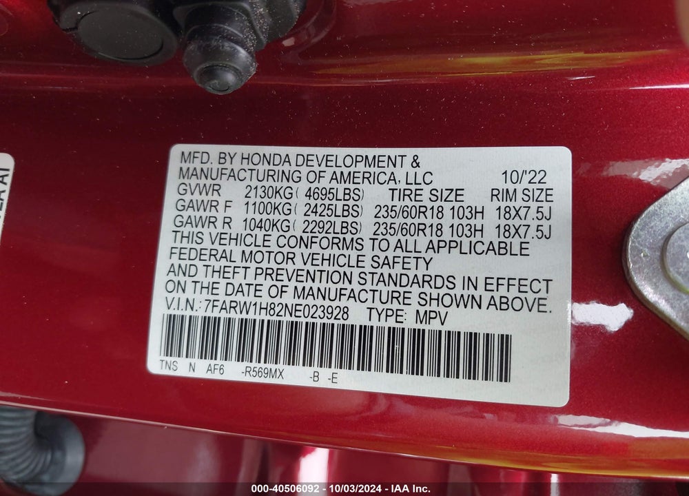 2022 HONDA CR-V VIN: 7FARW1H82NE023928
