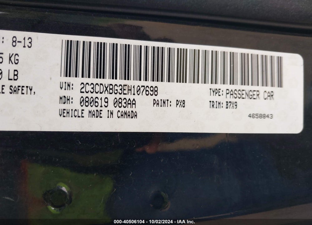 2014 DODGE CHARGER SE VIN: 2C3CDXBG3EH107698