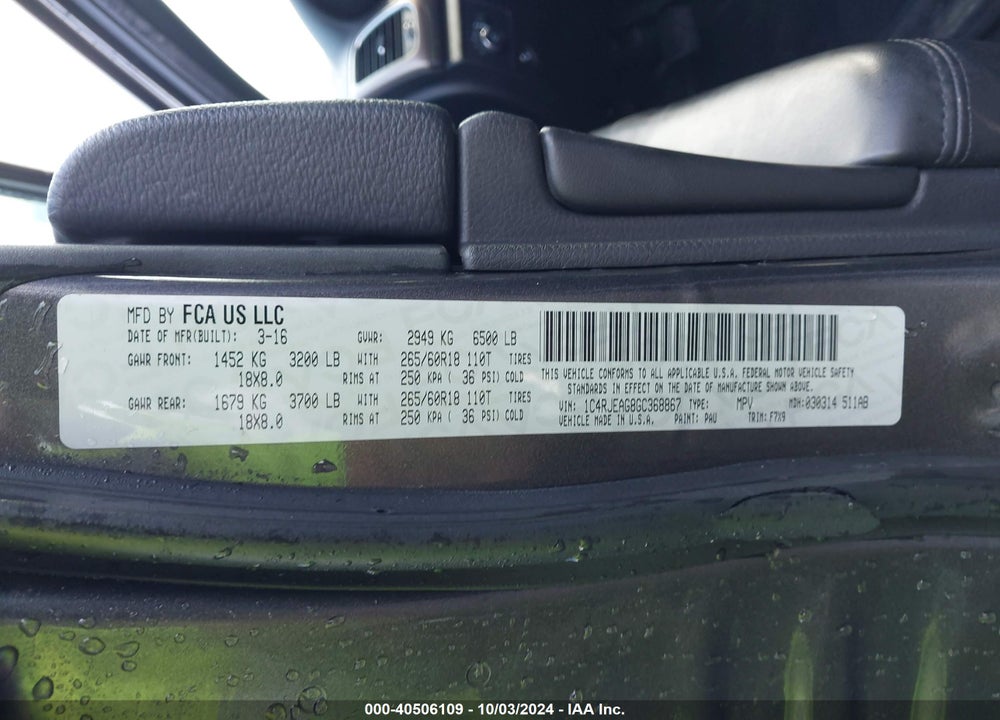 2016 JEEP GRAND CHEROKEE LAREDO VIN: 1C4RJEAG8GC368867
