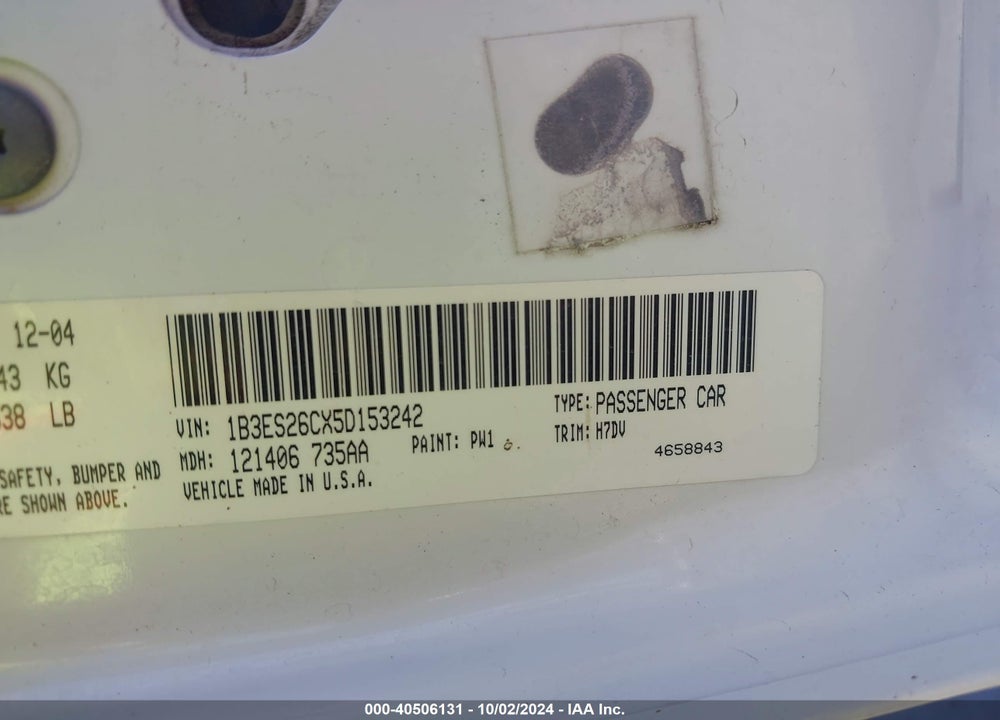 2005 DODGE NEON SE VIN: 1B3ES26CX5D153242