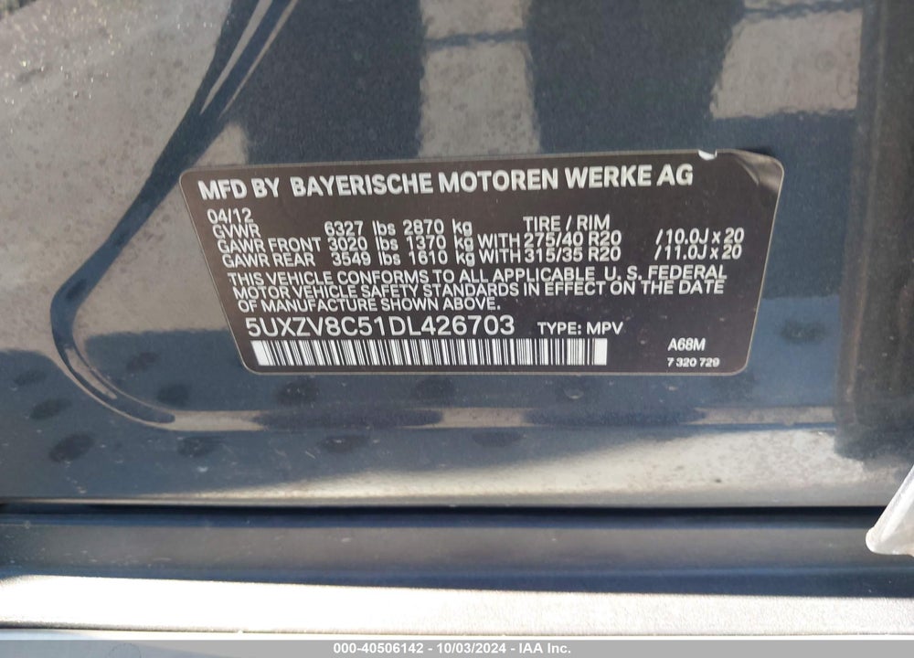 2013 BMW X5 XDRIVE50I VIN: 5UXZV8C51DL426703
