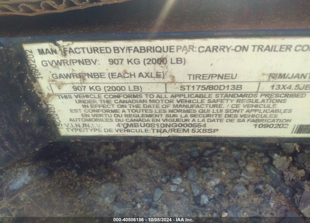 2022 CARRY ON UTILITY TRAILER VIN: 4YMBU0810NG000554