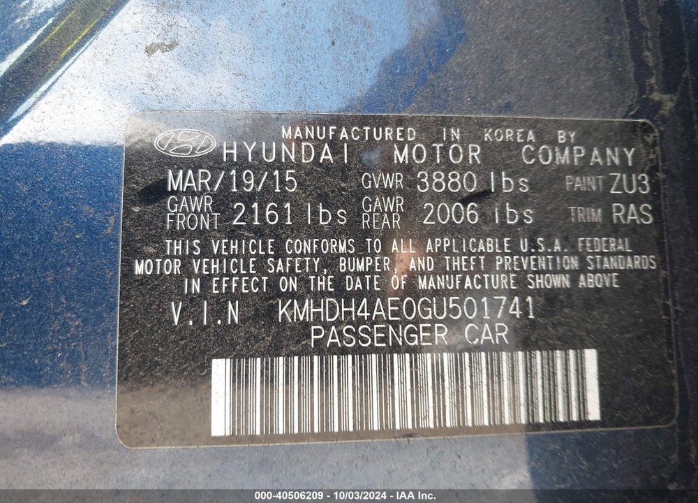 2016 HYUNDAI ELANTRA SE VIN: KMHDH4AE0GU501741