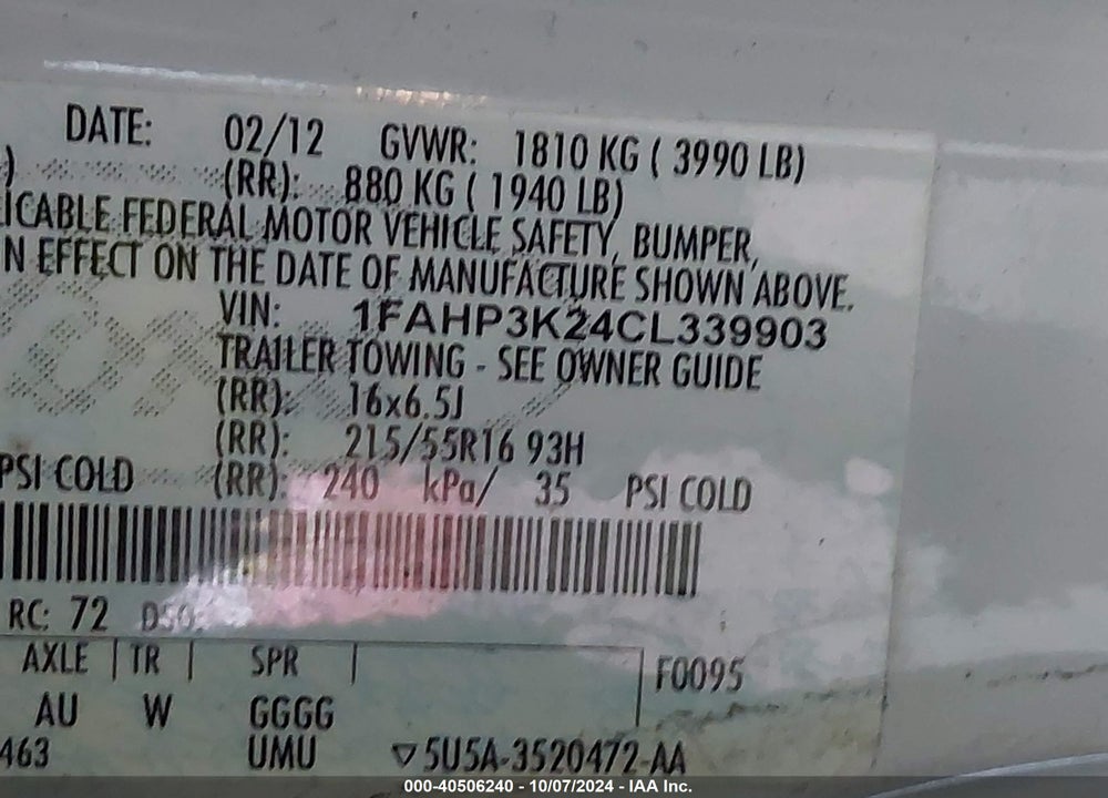2012 FORD FOCUS SE VIN: 1FAHP3K24CL339903