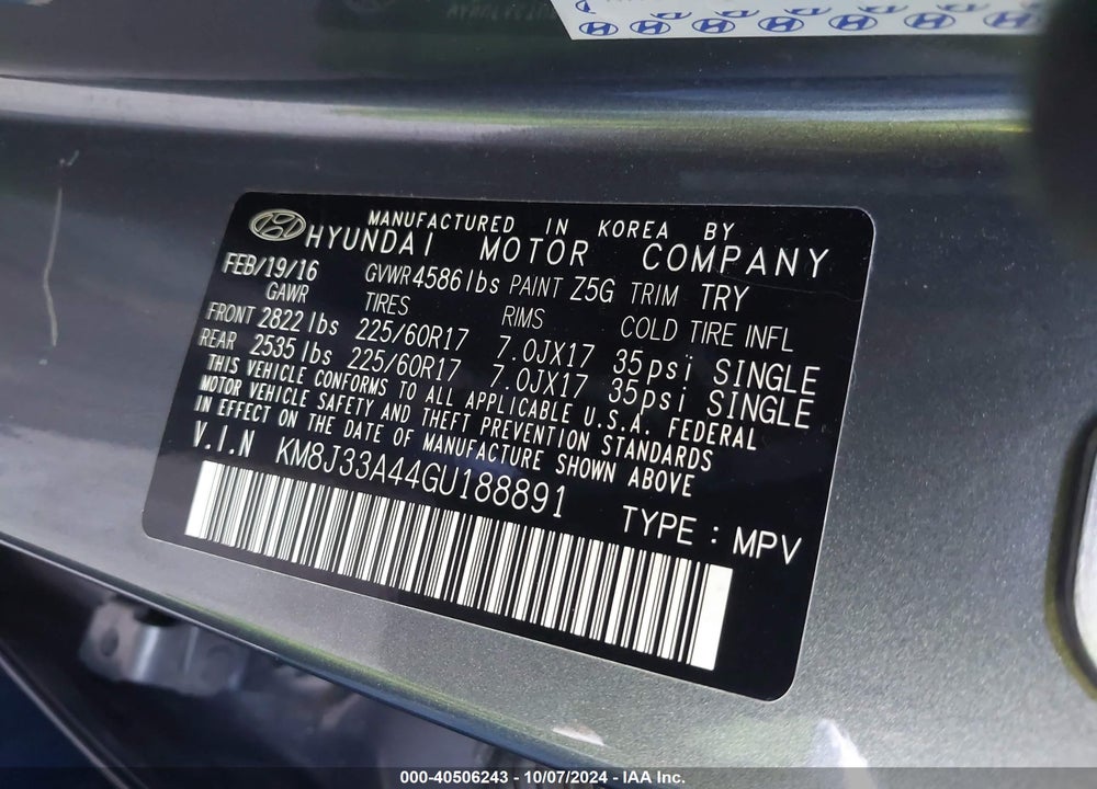 2016 HYUNDAI TUCSON SE VIN: KM8J33A44GU188891