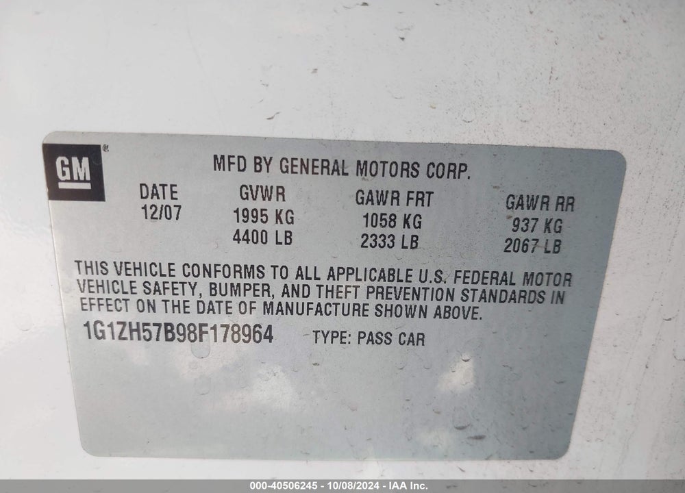 2008 CHEVROLET MALIBU LT VIN: 1G1ZH57B98F178964