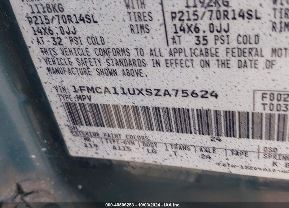 1995 FORD AEROSTAR VIN: 1FMCA11UXSZA75624