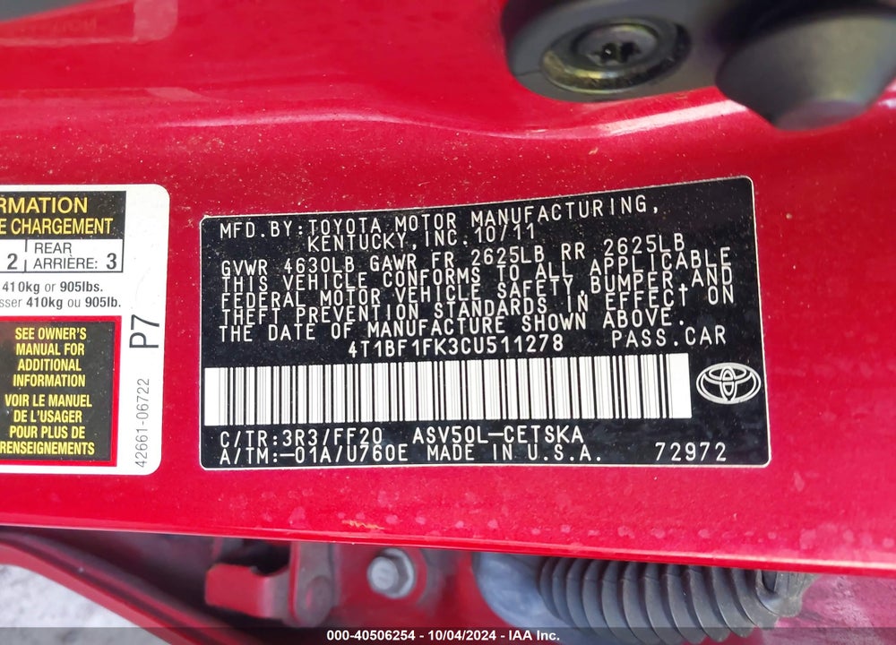 2012 TOYOTA CAMRY SE VIN: 4T1BF1FK3CU511278