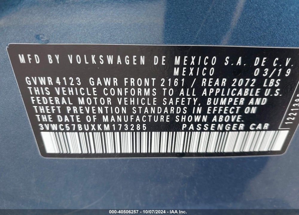 2019 VOLKSWAGEN JETTA VIN: 3VWC57BUXKM173285