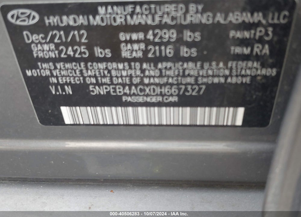 2013 HYUNDAI SONATA GLS VIN: 5NPEB4ACXDH667327