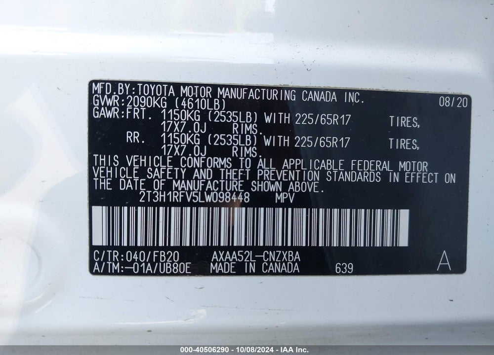 2020 TOYOTA RAV4 LE VIN: 2T3H1RFV5LW098448