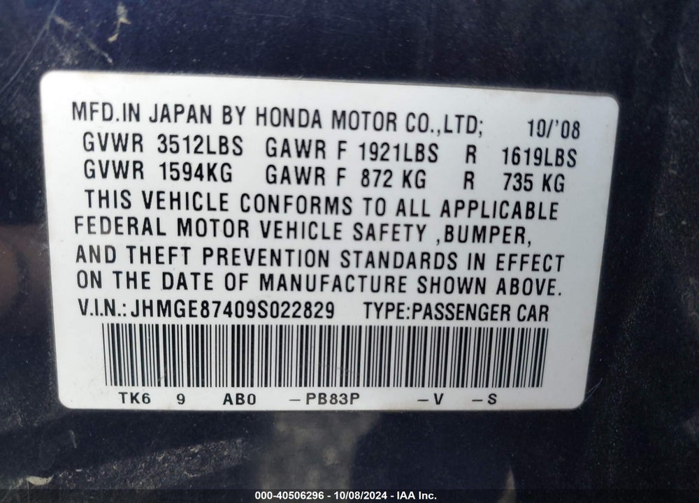 2009 HONDA FIT SPORT VIN: JHMGE87409S022829