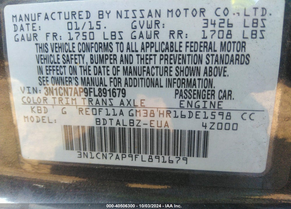 2015 NISSAN VERSA 1.6 SV VIN: 3N1CN7AP9FL891679