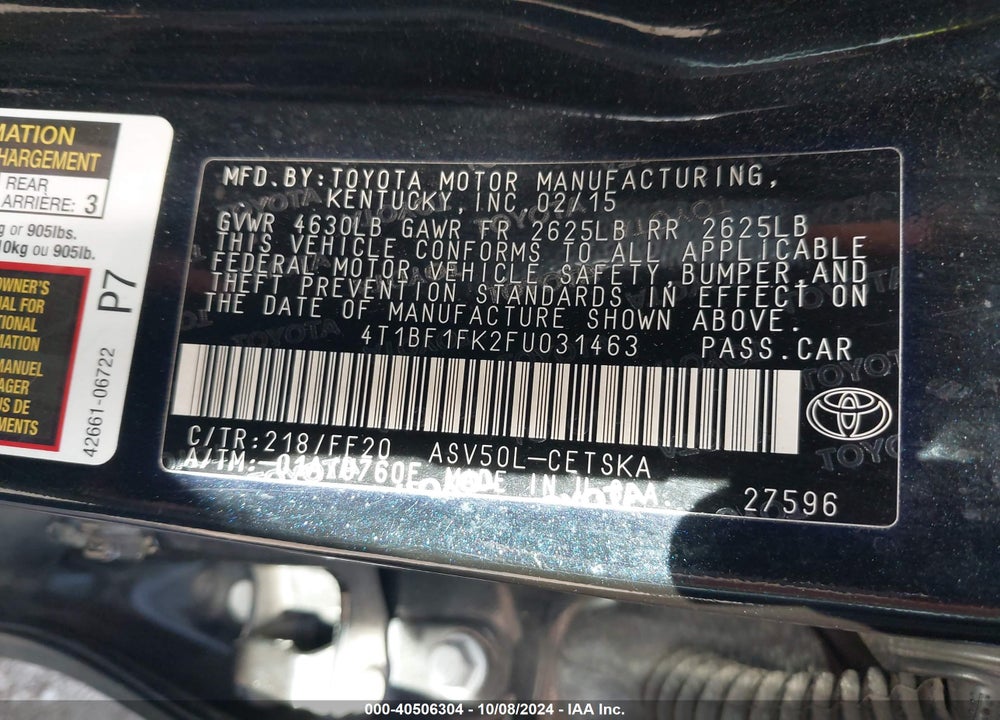 2015 TOYOTA CAMRY SE VIN: 4T1BF1FK2FU031463