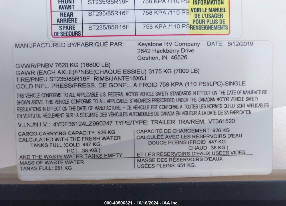 2020 KEYSTONE VOLTAGE 3615 VIN: 4YDF36124LZ990247