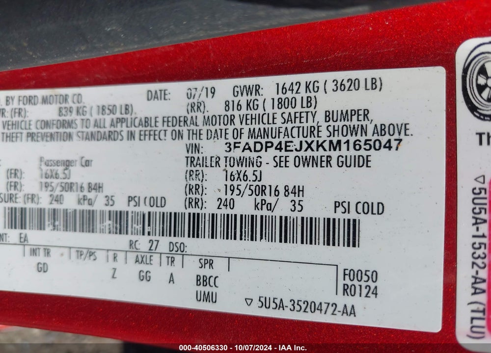 2019 FORD FIESTA SE VIN: 3FADP4EJXKM165047