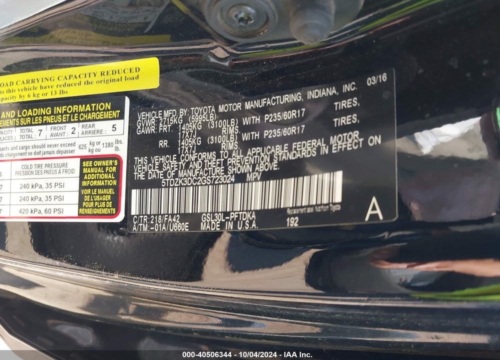2016 TOYOTA SIENNA L 7 PASSENGER VIN: 5TDZK3DC2GS723024