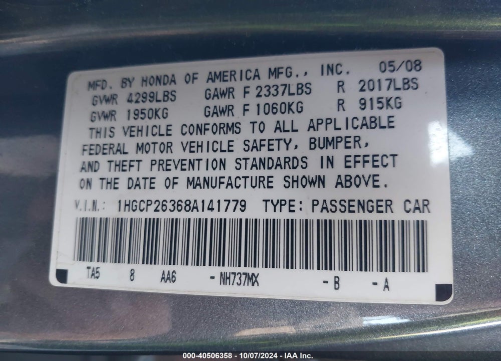 2008 HONDA ACCORD 2.4 LX VIN: 1HGCP26368A141779