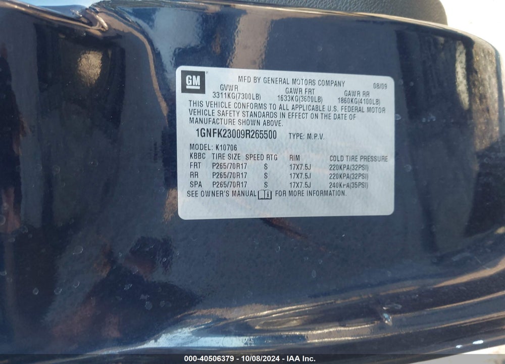 2009 CHEVROLET TAHOE LT2 VIN: 1GNFK23009R265500