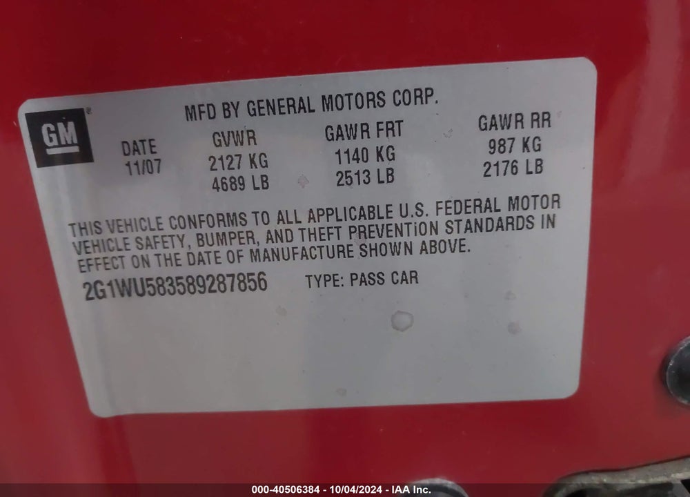 2008 CHEVROLET IMPALA LTZ VIN: 2G1WU583589287856
