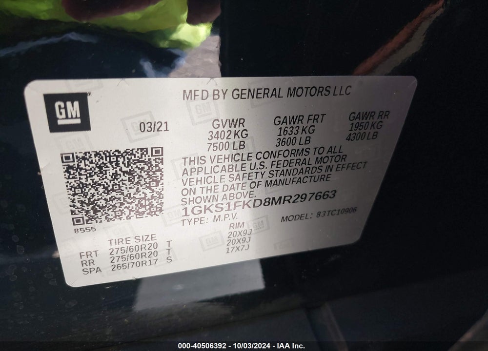 2021 GMC YUKON XL 2WD SLE VIN: 1GKS1FKD8MR297663