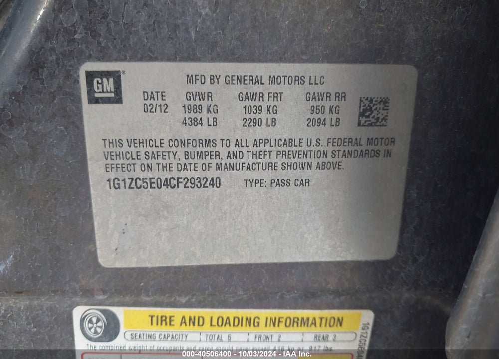 2012 CHEVROLET MALIBU VIN: 1G1ZC5E04CF293240