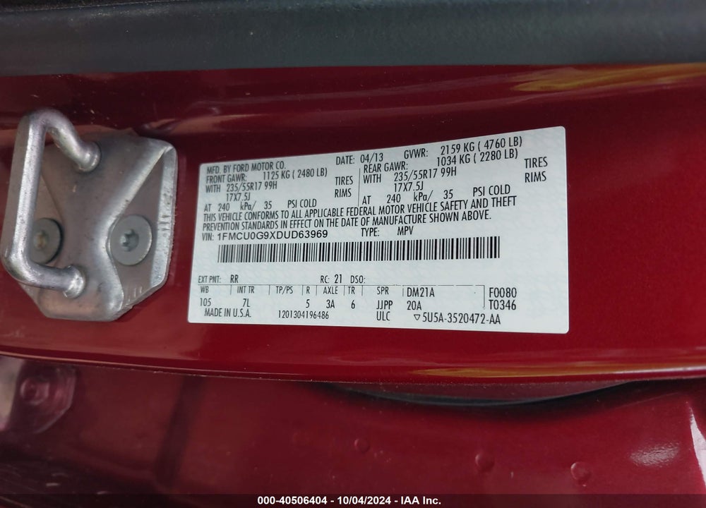 2013 FORD ESCAPE SE VIN: 1FMCU0G9XDUD63969
