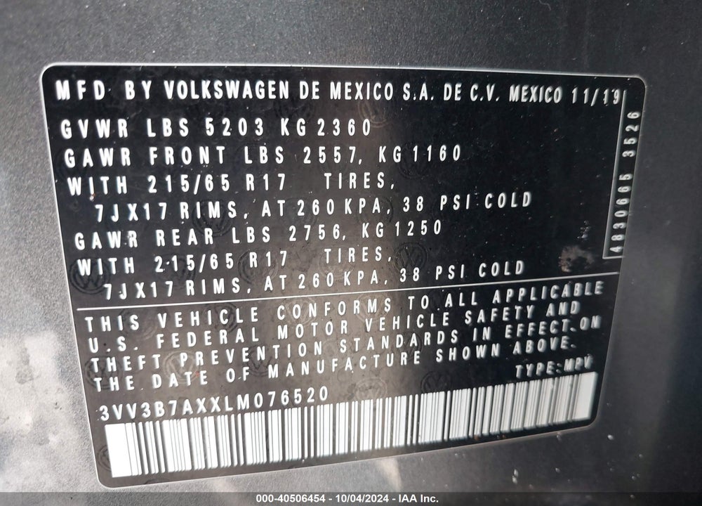 2020 VOLKSWAGEN TIGUAN 2.0T SE/2.0T SE R-LINE BLACK/2.0T SEL VIN: 3VV3B7AXXLM076520
