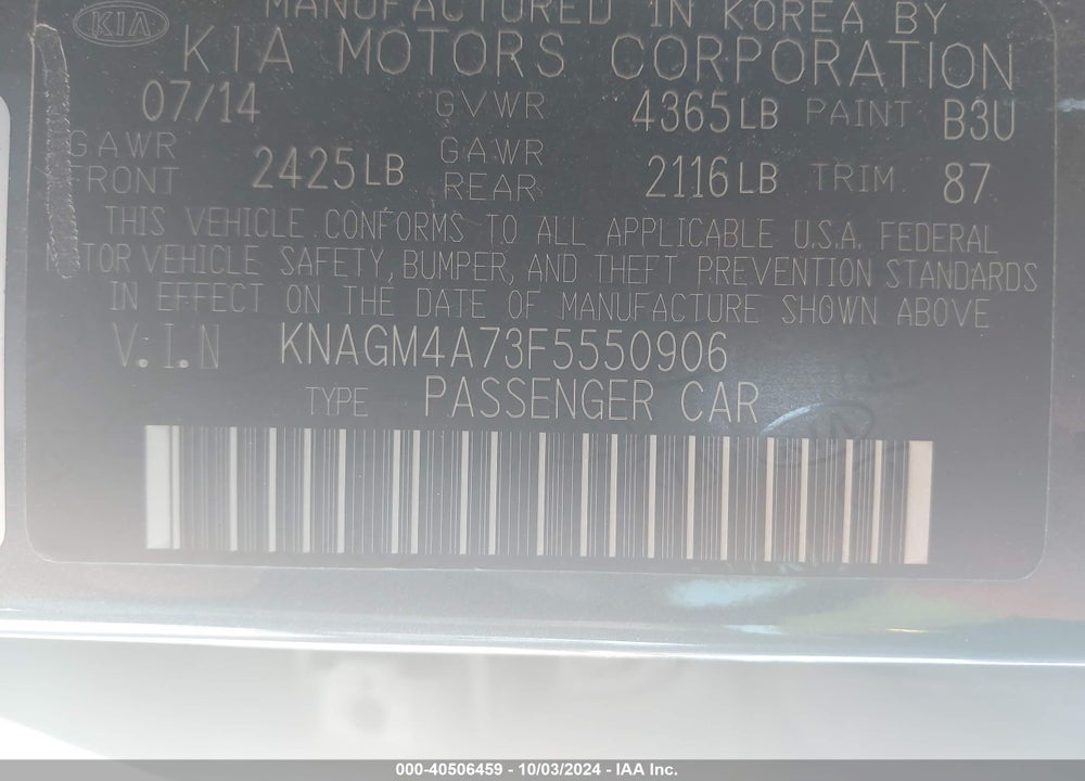 2015 KIA OPTIMA LX VIN: KNAGM4A73F5550906